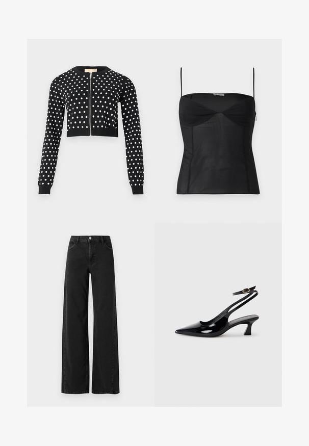Cardigan court noir à pois blancs, manches longues, poignets et ourlet côtelés, avec une fermeture éclair argentée à l'avant.; Haut noir ajusté sans manches avec fines bretelles, encolure en cœur et détails de coutures sur un fond blanc uni.; Jean en denim noir à jambes larges avec taille haute, présentant un style classique à cinq poches et une fermeture à bouton. Texture lisse et détails de couture subtils.; Escarpins à brides arrière en cuir verni noir, à bout pointu, avec un petit talon carré et une sangle de cheville ajustable dotée d'une boucle dorée.