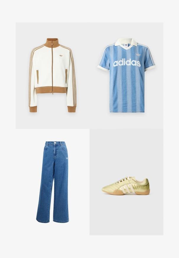 Weißes gekürztes Jacket mit einem gerippten braunen Kragen und Bündchen. Verfügt über zwei Seitentaschen und drei braune Streifen entlang der Ärmel. Besticktes Logo.; Hellblaues Poloshirt mit kurzen Ärmeln und vertikalen Streifen, weißen Akzenten und auffälligem weißen "adidas"-Logo auf der Vorderseite.; Weite blaue Denim-Jeans mit hohem Bund, vorderen Taschen und einem kleinen weißen Logodetail an der Hüfte. Leicht ausgeblichene Textur.; Limettengrüner synthetischer Sportschuh mit glatter Textur, ausgestattet mit drei weißen Streifen, einem weichen Innenfutter und einer strukturierten Gummisohle.