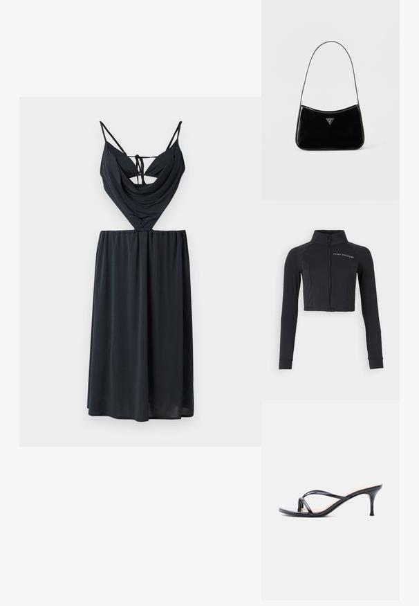 Must musta jakk, mis on valmistatud venivast kangast, kõrge krae, pikad varrukad ja eesmine tõmblukk, millel on valge "JUICY COUTURE" logo.; Mustmust kerepa, millel on voolav ülaosa ristatud rihmadega ja elastne vöökoht, mis voolab sirgjooneliseks, keskpikkuseks seelikuks.; Mustast lakknahast kontsakingad, millel on õhukesed risti kõndivad rihmad ja kitsas keskmise kõrgusega konts.; Mustast lakknahast õlakott õhukese rihmaga, ees kolmnurkne Guessi logo ja peal lukuga sulgemine.