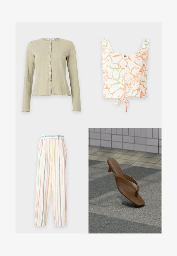 Lys grøn ribbad cardigan med rund halsudskæring, lange ærmer, knaplukning foran og bølget kantdetaljer.; Billabong FEELIN FLORAL - Top - salt crystal; Stribede brede bukser i bomuld, med pastelfarver som pink, gul, grøn og blå, med plisseringer og en afslappet pasform.; Brun læder Steve Madden hælsandal svæver over belagt jord med flisevæg i baggrunden.