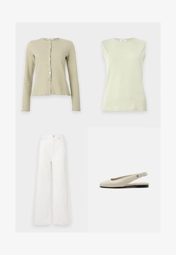 Lys grøn ribbad cardigan med rund halsudskæring, lange ærmer, knaplukning foran og bølget kantdetaljer.; Lysegrøn ærmeløs top med rund hals. Lavet af blødt stof, der har en glat tekstur og et minimalistisk design.; Hvide højtaljede brede jeans lavet af denim. Har frontlommer, knaplukning og afrivede kantdetaljer.; Flatsko i cremefarvet læder med rundet tå og lille guldemblem på remmen.