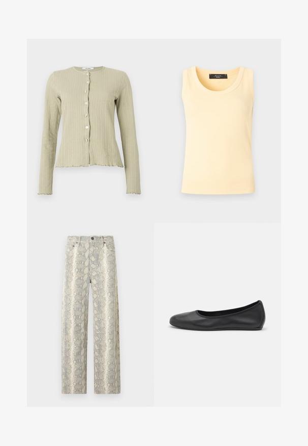 Lys grøn ribbad cardigan med rund halsudskæring, lange ærmer, knaplukning foran og bølget kantdetaljer.; Ærmeløs ribstrikket tanktop i bleg gul med rund halsudskæring og sort mærke indvendigt i kraven.; Bukser med høj talje og lige ben med lys beige og gråt slangeskinds mønster, foran med knap, lynlås og fem-lomme design.; Sort læderballetsko med rund tå, glat tekstur, minimal syning og et fleksibelt såldesign.