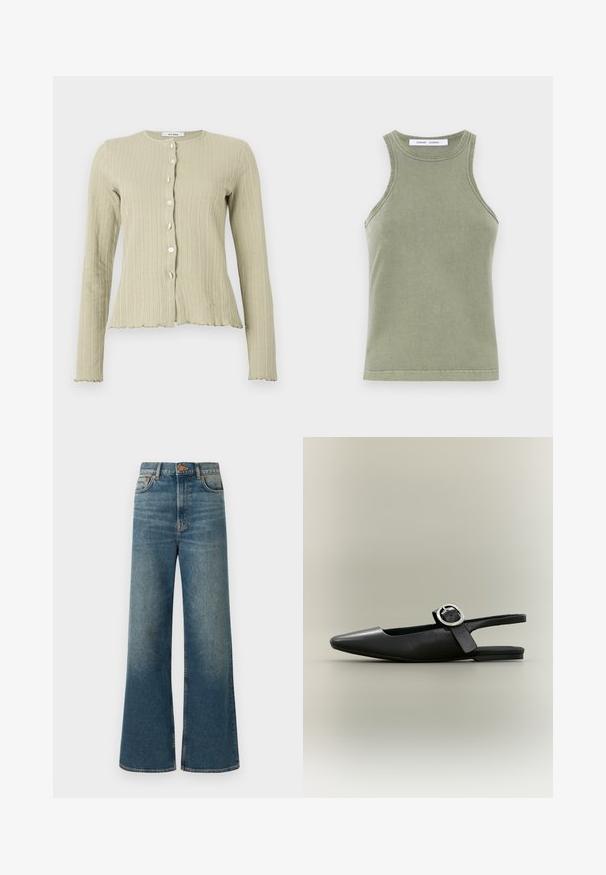 Hele roheline ribadega kardigan, millel on ümar kaelus, pikad varrukad, nööbikirjeldused ees ja laineline äärte detail.; Pea rohelisest pehmest puuvillast tank tops, millel on ümar kaelus, ilma varrukateta disain ja tikkimisega servad. Lihtne, sobiv kuju.; Laia teksad keskmise sinise denimi, kõrge vöökohaga, viie tasku kujundusega ja õrnalt pleekinud viimistlusega. Vasevärvi nupud ja õmblused.; Mustad terava ninaosaga tasane slingback-kinga hõbedase pandla ja madala kannaga neutraalsel taustal.