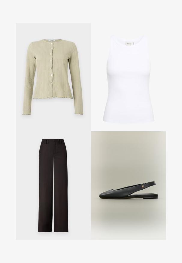 Lichtgroene geribde cardigan met een ronde halslijn, lange mouwen, knoopsluiting aan de voorkant en scalloped zoomdetails.; Witte geribde tanktop met een ronde halslijn en zonder mouwen. Rekbaar materiaal en een aansluitend ontwerp. Het label op de achterkant zegt "GESTUZ."; Zwarte wijde broekspijpen met een vlakke voorkant, riemlussen en een gladde textuur, ontworpen voor een getailleerde pasvorm. Geen zichtbare hardware of patronen.; Zwarte leren slingback platte schoen met spits toelopende neus en gouden logo-accent op het bandje, weergegeven op een neutrale achtergrond.