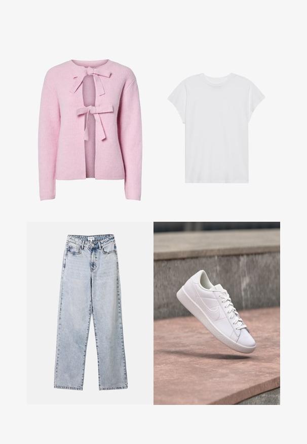 Cardigan en tricot rose pâle avec un col rond, doté de deux nœuds à l'avant et d'un design ouvert. Le tissu présente une texture côtelée.; T-shirt blanc à manches courtes, col rond, coupe décontractée, en tissu de coton doux. Texture lisse, sans motifs ni logos.; Jean droit bleu clair en denim, doté de deux poches avant, d'une fermeture à bouton et de coutures contrastées le long des coutures.; Basket basse blanche Nike avec lacets suspendue au-dessus d'un rebord en béton contre un fond en pierre grise en extérieur.