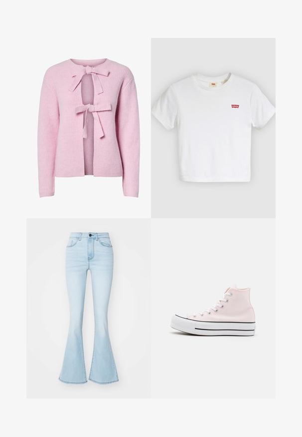 Cardigan en tricot rose pâle avec un col rond, doté de deux nœuds à l'avant et d'un design ouvert. Le tissu présente une texture côtelée.; T-shirt blanc à manches courtes avec col rond et petit logo rouge Levi's sur la poitrine gauche.; Jean flare bleu clair en denim, avec une taille haute, cinq poches, et un zip avec un bouton de fermeture.; Baskets montantes en toile rose clair, avec des lacets blancs et des rayures noires sur la semelle en caoutchouc blanche. Bout arrondi.