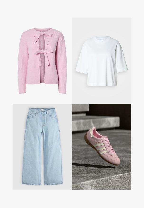Cardigan en tricot rose pâle avec un col rond, doté de deux nœuds à l'avant et d'un design ouvert. Le tissu présente une texture côtelée.; T-shirt blanc court à manches courtes, col rond, en coton doux, avec un design simple et épuré.; Jean en denim bleu clair à jambes larges avec poches avant, passants de ceinture et boucles latérales pour outils, posé à plat sur un fond gris.; Baskets en cuir suédé rose avec trois bandes blanches, design à lacets, semelle en gomme et détail de logo doré sur le côté. Texture douce avec forme arrondie.