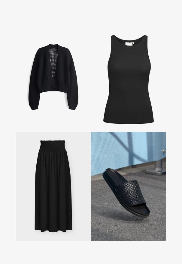 Cardigan noir ouvert à l'avant avec de longues manches larges. Matériau en tricot texturé avec une coupe décontractée et des poignets côtelés. Design léger et court.; Débardeur noir en tissu côtelé, avec un décolleté en forme de rond et une coupe ajustée. Coutures plates et sans ornements. Design simple et épuré.; Jupe maxi noire avec large ceinture élastique smockée et tissu fluide sous la taille.; Sandale noire à semelle plate avec une texture tissée sur le dessus, une semelle lisse, un design plat et un style minimaliste adapté à un usage décontracté.