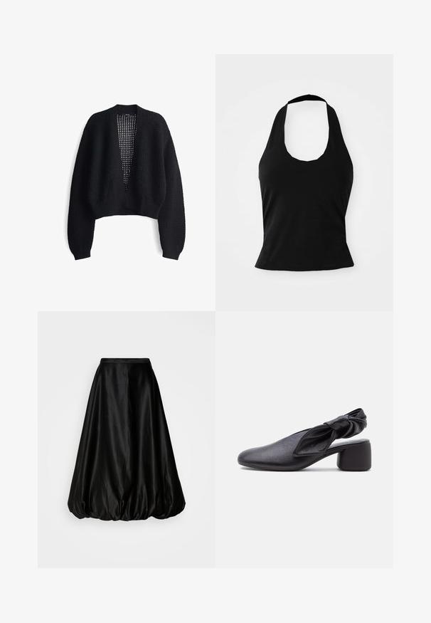 Cardigan noir ouvert à l'avant avec de longues manches larges. Matériau en tricot texturé avec une coupe décontractée et des poignets côtelés. Design léger et court.; Haut halter noir en tissu doux, avec un col rond et une silhouette ajustée, à la texture lisse et sans motifs visibles.; Jupe midi en satin noir avec une forme ballon volumineuse. Texture lisse et taille ajustée, conçue pour une silhouette fluide.; Chaussure slingback en cuir noir avec bout arrondi, détail de bride nouée et petit talon carré sur fond blanc.
