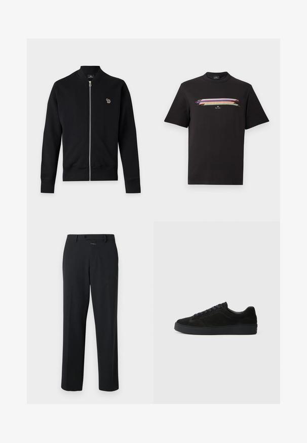 Veste noire zippée à manches longues avec poignets côtelés, avec un petit logo zèbre multicolore sur la poitrine gauche.; T-shirt noir à manches courtes et col rond avec un motif de coups de pinceau horizontaux multicolores et un petit texte blanc "PS Paul Smith" au centre de la poitrine.; Pantalon noir à coupe droite, en tissu lisse. Il présente une fermeture à bouton à l'avant et des détails de couture subtils. Conception simple sans motifs.; Basket en suède noire avec une semelle plate et texturée, un bout rond, six œillets pour les lacets et un design minimaliste.