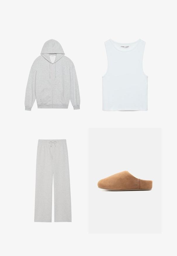 Grå zip-up hættejakke med en stor hætte, lange ærmer og frontlommer. Glat tekstur med en løs pasform og minimal detailing.; Hvid ærmeløs crop top med rund halsudskæring, lavet af glat stof, mærket Pull&Bear, egnet til afslappet brug.; Lys grå træningsbukser i blød bomuldsblanding, med en vidde ben-design, elastisk talje med justerbar snor og uden lommer.; Tan ruskind slip-on hjemmesko med lukket tå, åben hæl, flad sål og lille UGG-logo på siden, vist i profil.