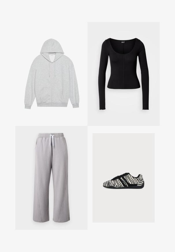 Grå zip-up hættejakke med en stor hætte, lange ærmer og frontlommer. Glat tekstur med en løs pasform og minimal detailing.; Sort langærmet top med rund halsudskæring, tætsiddende pasform og lodrette syninger i midten. Fremstillet af et glat stof.; Lysegrå vidde sweatpants med elastik i taljen og hvid snor, med sidelommer og sømdetaljer langs benene.; Lavprofil sneakers med sorte og hvide zebrastriber, sorte snørebånd og tekstureret sort sål, vist fra siden på en hvid baggrund.