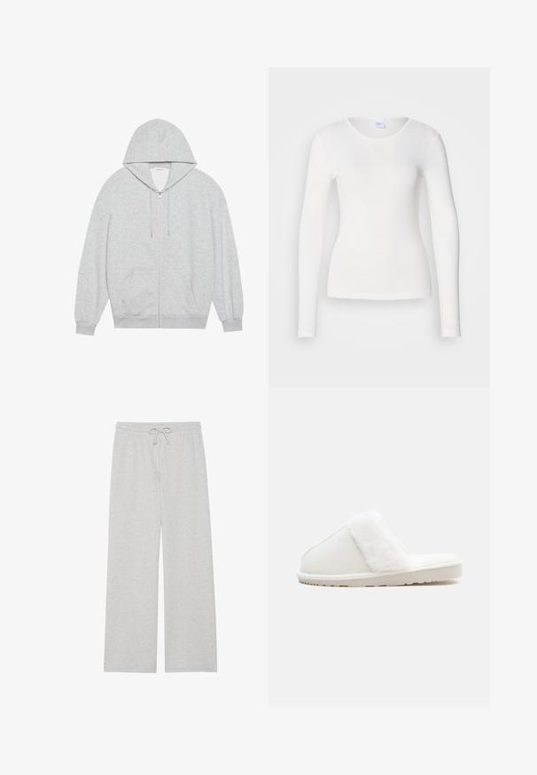 Harmaa vetoketjullinen huppari, jossa on suuri huppu, pitkät hihat ja etutaskut. Sileä pinta, rento istuvuus ja minimaalinen yksityiskohtaisuus.; Valkoinen pitkähihaisesta paidasta, joka on valmistettu pehmeästä ja sileästä kankaasta; siinä on pyöreä pääntie ja kiinteä muoto, ilman kuvioita tai koristeita.; Vaaleanharmaat collegehousut pehmeästä puuvillasekoitteesta, joissa on leveä lahje, joustava vyötärö, jossa on säädettävä nauha, eikä taskuja.; Valkoinen tossu, jossa on pehmeä tekoturkisnauha, tuntuva päällinen, pehmustettu pohja ja teksturoitu kumipohja pidon varmistamiseksi. Yksinkertainen, pyöristetty muotoilu.
