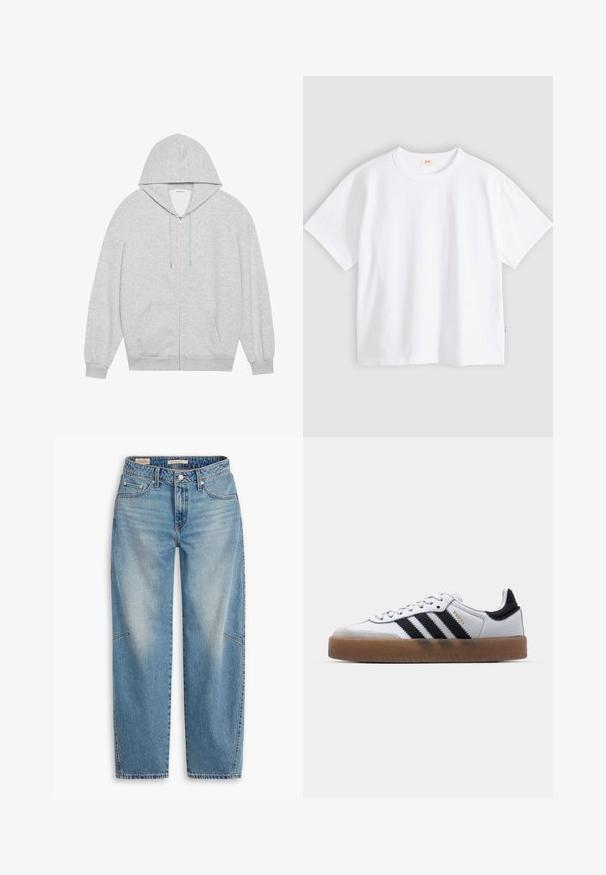 Grå zip-up hættejakke med en stor hætte, lange ærmer og frontlommer. Glat tekstur med en løs pasform og minimal detailing.; Hvid bomuld t-shirt med korte ærmer, rund hals, afslappet pasform, glat tekstur og en lille logolabel på venstre sidesøm.; Lyseblå denimjeans med løs pasform, lige ben, knapgylp og fem-lomme-stil med subtile falme- og syningsdetaljer.; Hvide lædersneakers med sorte striber, gummirubber sål, rund tå, snørelukning og blød grå ruskinds tåhætte.