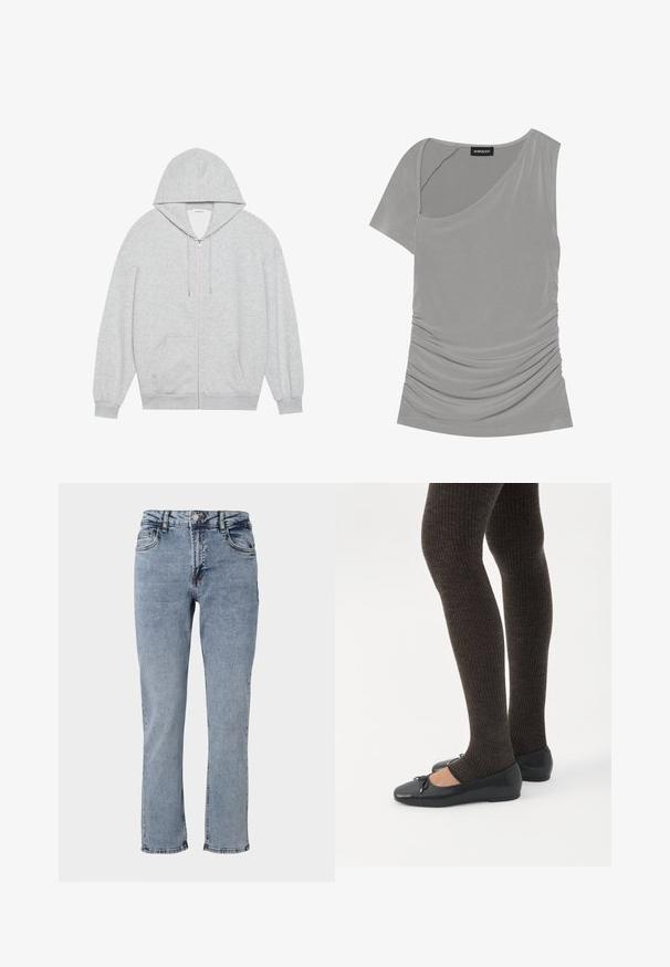Grå zip-up hættejakke med en stor hætte, lange ærmer og frontlommer. Glat tekstur med en løs pasform og minimal detailing.; Grå kortærmet top med asymmetrisk design, samlet tekstur på siden og rund halsudskæring. Fremstillet af blødt, strækbart materiale.; Lyseblå denimjeans med høj talje, fem lommer og lige ben design. Har subtile falmninger og kontraststing detaljer.; Ben iført mørke ribbede leggings kombineret med sorte balletsko med små sløjfedetaljer på hvid baggrund.