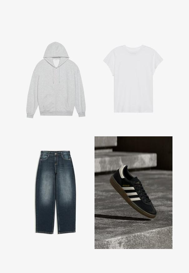 Grå zip-up hættejakke med en stor hætte, lange ærmer og frontlommer. Glat tekstur med en løs pasform og minimal detailing.; Hvid kortærmet t-shirt med rund hals, afslappet pasform, lavet af blødt bomuldsstof. Glat tekstur, ingen mønstre eller logoer.; Mørkeblå jeans med brede ben og let falmet på forsiden af lårene, fem lommer, knaplukning og bæltestropper, vist fladt på hvid baggrund.; Sort Adidas-sneaker med hvide striber og gummisåler, svævende over grå betontrapper i naturligt lys.