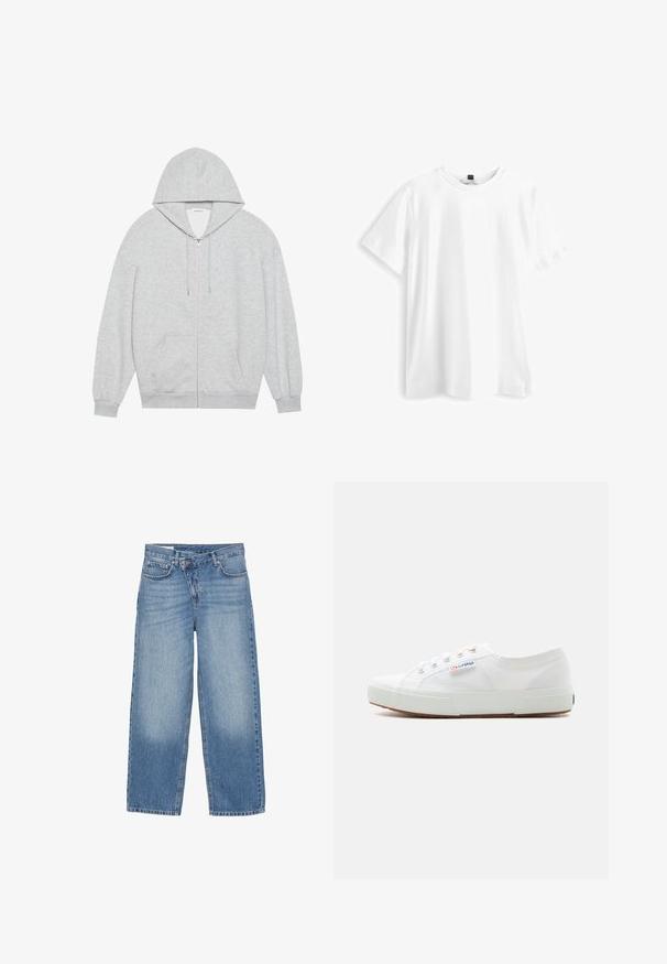 Grå zip-up hættejakke med en stor hætte, lange ærmer og frontlommer. Glat tekstur med en løs pasform og minimal detailing.; Hvid bomulds t-shirt med korte ærmer, rund hals og en let løs pasform. Enkelt design, ingen mønstre eller yderligere accenter.; Lyseblå jeans med vid ben, lavet af denim; har et klassisk fem-lomme design, lynlåslukning og subtilt falmet look ved knæene.; Hvid lavtop lærreds-sneaker med hvid gummisål, snørebånd og "Superga" logo på siden.