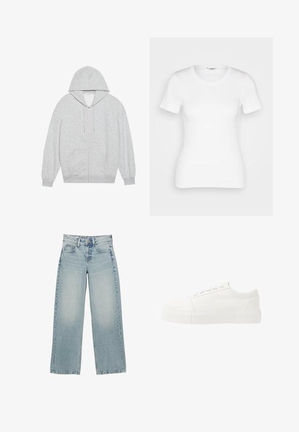 Grå zip-up hættejakke med en stor hætte, lange ærmer og frontlommer. Glat tekstur med en løs pasform og minimal detailing.; Hvid bomulds T-shirt med korte ærmer, rund halsudskæring og ribbet tekstur. Tætsiddende design med en glat, ren finish.; Lysblå denim bredbukser med høj talje, der har fem lommer, knaplukning og subtile falmninger for en slidt effekt.; Hvide lærreds sneakers med en tykk, hvid gummisål, der har en rund tå og et klassisk snørebånddesign med fem øjekroge.