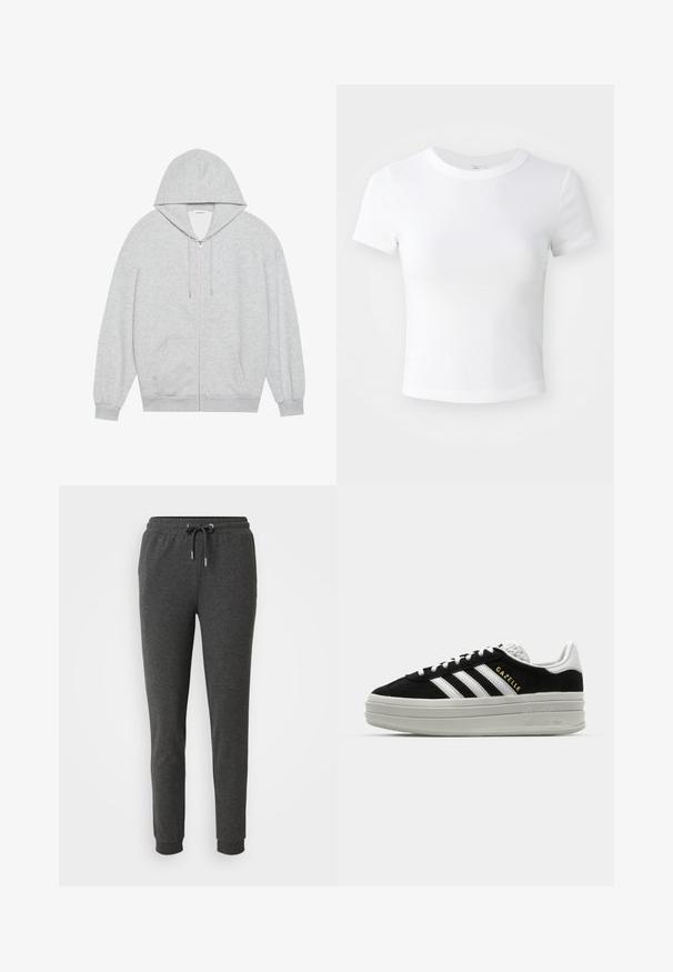 Grå zip-up hættejakke med en stor hætte, lange ærmer og frontlommer. Glat tekstur med en løs pasform og minimal detailing.; Simpel hvid kortærmet cropped t-shirt med rund halsudskæring, præsenteret på en neutral lys baggrund.; Mørkegrå sweatpants lavet af blødt stof, med en elastisk talje med snor, tætsiddende ben og ankler. ; Sort ruskind sneaker med hvide læderdetaljer, tre hvide striber, flade snørebånd og en tyk grå platformsål. Guldfarvet "Gazelle" branding.