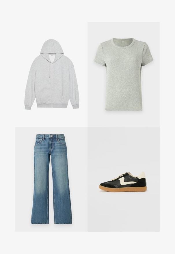 Grå zip-up hættejakke med en stor hætte, lange ærmer og frontlommer. Glat tekstur med en løs pasform og minimal detailing.; Grå kortærmet t-shirt med rund halsudskæring, lavet af ribbet stof. Glat tekstur med regular fit og minimalistisk design.; Lyseblå denimjeans med bred benform, der har en mellemhøj talje, forlommer og diskret falming, der viser en glat tekstur.; Sorte ruskinds- og lædersneakers med en cremefarvet side-swoosh og lys cremefarvet hæl. Har beige snørebånd og en gummirubber-sål.