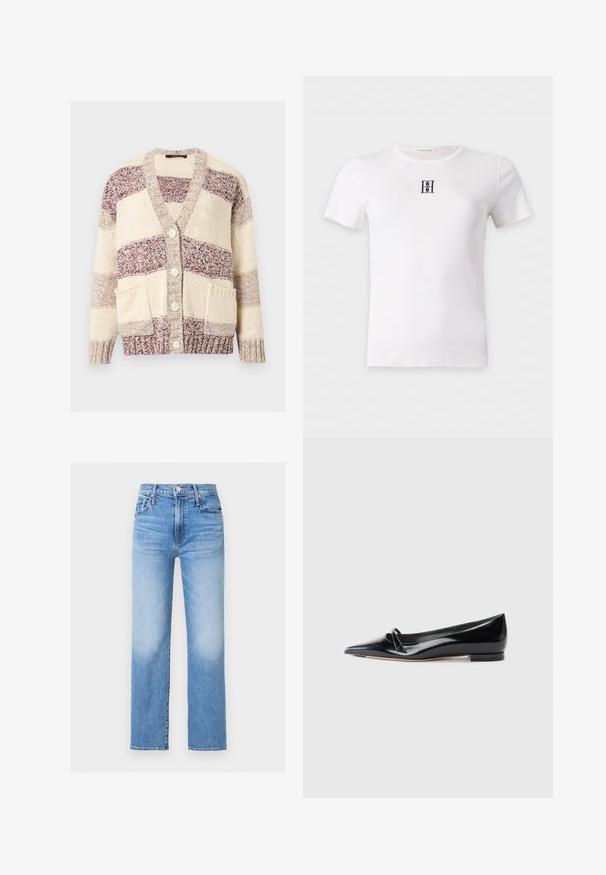Cardigan en maille épaisse avec des blocs de couleur crème et bordeaux, fermeture à boutons, deux poches avant, poignets et ourlet côtelés.; T-shirt blanc à manches courtes avec un petit logo noir brodé au centre de la poitrine et un col rond.; Jean en denim bleu taille haute, coupe droite, avec poches avant, passants pour ceinture, bouton, et détails délavés sur les cuisses et les genoux.; Chaussure plate en cuir verni noir avec un bout pointu, une petite lanière décorative et un petit talon carré. Texture lisse et design épuré.