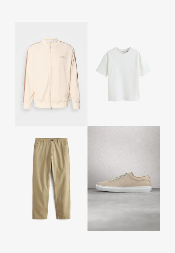 Chaqueta bomber crema con cierre de cremallera, rayas marrones en los hombros, puños de canalé y sutil bordado del logo en el pecho.; Camiseta blanca lisa de manga corta y cuello redondo con una pequeña etiqueta de talla en el interior del cuello.; Pantalones beige de mezcla de algodón, con cierre de botón, dos bolsillos delanteros y piernas rectas con textura mínima.; Zapatilla de ante beige con puntera redondeada, suela de goma blanca y cordones a juego. Diseño minimalista con sutiles detalles de costura.