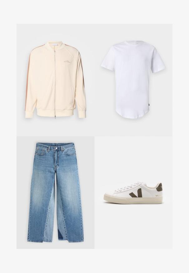 Chaqueta bomber crema con cierre de cremallera, rayas marrones en los hombros, puños de canalé y sutil bordado del logo en el pecho.; Camiseta blanca de manga corta hecha de algodón. Diseño de cuello redondo con dobladillo curvado. Etiqueta visible en el lado inferior izquierdo. Textura suave.; Vaqueros de mezclilla azul con pierna recta, diseño clásico de cinco bolsillos y cierre frontal con botones, mostrados planos sobre un fondo neutro.; Zapatillas de cuero blanco con una suela de goma beige claro. Presenta un logo en forma de V de gamuza marrón y una pestaña en el talón. Cierre con cordones y superficie texturizada.