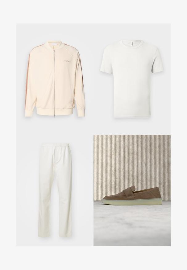 Chaqueta bomber crema con cierre de cremallera, rayas marrones en los hombros, puños de canalé y sutil bordado del logo en el pecho.; Camiseta blanca lisa de manga corta y cuello redondo, extendida sobre una superficie gris claro, con una pequeña etiqueta de tela en el cuello.; Pantalones de algodón blancos con cintura elástica y diseño de pierna recta, que presentan una textura suave y sin patrones ni acentos visibles.; Mocasín beige de ante tipo slip-on con suela de goma blanca y logo BOSS en la correa lateral, presentado sobre un fondo neutro y liso.
