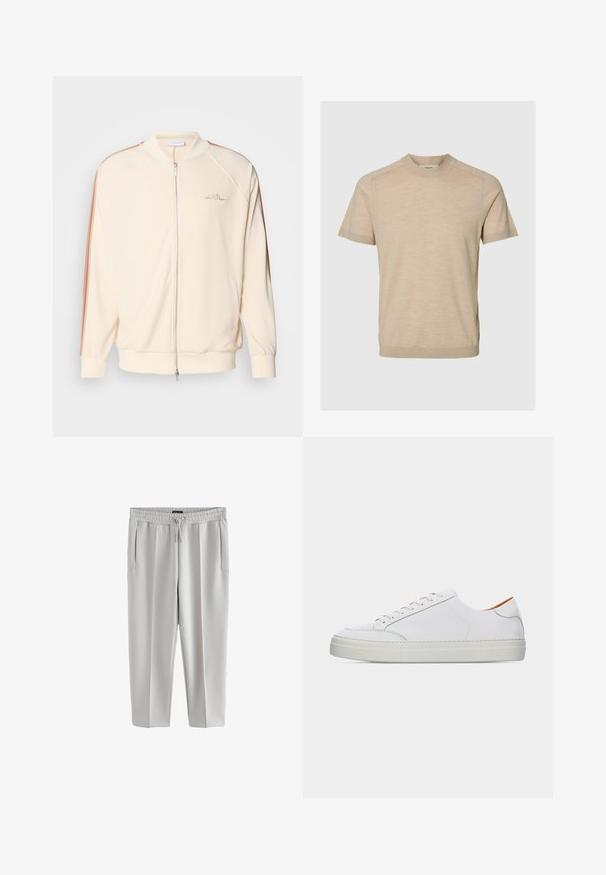 Creme bomberjakke med lynlås, kontrasterende brune striber på skuldrene, ribbestrikkede cuffe samt diskret logo broderi på brystet.; Beige kortærmet sweater med rund halsudskæring, ribbede manchetter og subtil tekstur. Glat strikket stof med lige kant og minimal detaljer.; Lys grå sweatpants lavet af glat stof, med elastisk talje og snor, samt to sidelommer.; Hvid lavtop lædersneaker med snørelukning, tyk sål og minimal syningsdetalje på en ensartet lys baggrund.