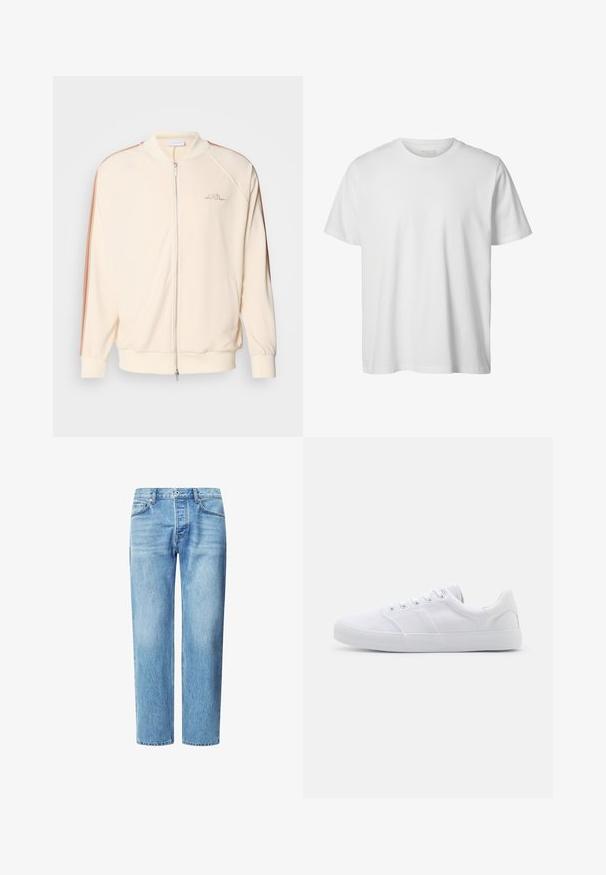 Chaqueta bomber crema con cierre de cremallera, rayas marrones en los hombros, puños de canalé y sutil bordado del logo en el pecho.; Camiseta blanca lisa de manga corta con cuello redondo, corte holgado y sin logos o diseños visibles en el frente.; Jeans de denim azul claro con corte recto, cinco bolsillos y un cierre clásico de botón y cremallera. Textura sutilmente desvanecida en todo su exterior.; Zapatillas de lona blancas con suela de goma, que cuentan con seis ojales, una puntera texturizada y un diseño minimalista.