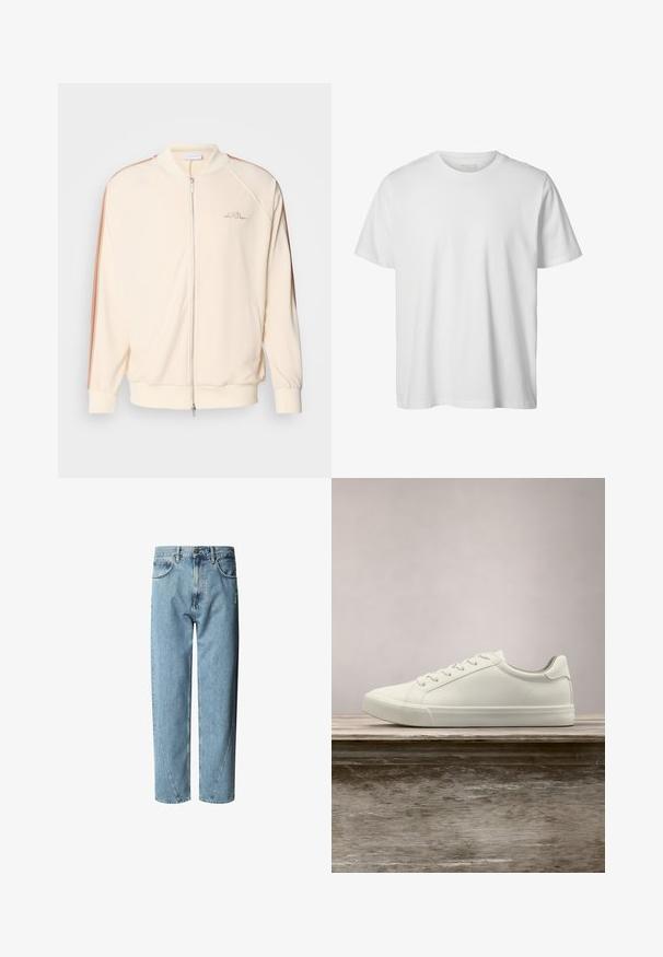 Chaqueta bomber crema con cierre de cremallera, rayas marrones en los hombros, puños de canalé y sutil bordado del logo en el pecho.; Camiseta blanca lisa de manga corta con cuello redondo, corte holgado y sin logos o diseños visibles en el frente.; Vaqueros de mezclilla azul claro con un corte relajado, que presentan una cintura alta, costuras de contraste y un ligero desgaste en la parte frontal.; Zapatilla blanca con cordones flotando sobre un banco de madera con follaje verde al fondo, mostrando el diseño y la textura del zapato.