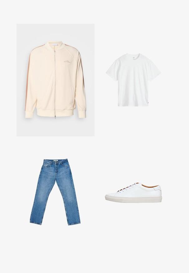 Chaqueta bomber crema con cierre de cremallera, rayas marrones en los hombros, puños de canalé y sutil bordado del logo en el pecho.; Camiseta blanca de algodón con cuello redondo, mangas cortas y un ajuste relajado. Presenta una pequeña etiqueta de la marca en la parte inferior izquierda.; Jeans de mezclilla azul claro con un diseño de pierna recta, cinco bolsillos y costuras en contraste. Cuenta con un cierre de botón y presillas para cinturón.; Zapatilla blanca de cuero con suela de goma texturizada, puntera redonda e interior en contraste color marrón claro. Cuenta con cinco ojales y cordones blancos.