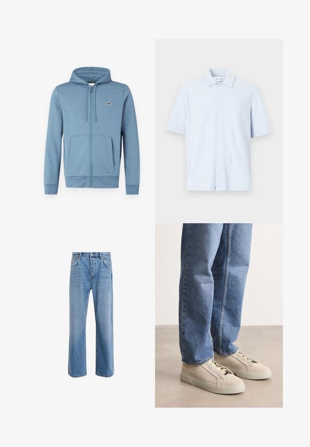 Lyseblå zip-up hoodie lavet af blødt stof. Har en hætte med snore, forlommer og et brandlogo på brystet.; Lys blå kortærmet skjorte lavet af blødt stof, med knaplukning foran og et klassisk krave-design.; Lyseblå denim jeans med lige ben-design, fem lommer, knaplukning, minimal falming og kontraststingdetaljer.; BOSS GARYTENN_SDHDEL - Sneakers - natural ten