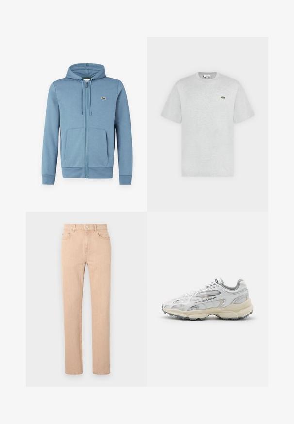 Lichtblauwe rits-hoodie van zachte stof. Voorzien van een trekkoordkap, voorzakken en een logopatch op de borst.; Lichtgrijs T-shirt met korte mouwen en ronde hals met klein groen Lacoste krokodillenlogo op de linkerborst.; Beige straight-leg jeans gemaakt van een katoenmix, met een rits, riemlussen, en voor- en achterzakken. Soepele textuur.; Witte sportieve schoenen met grijze accenten, bovenwerk van mesh en synthetisch materiaal, vetersluiting en een geprofileerde rubberen zool met looppatronen.