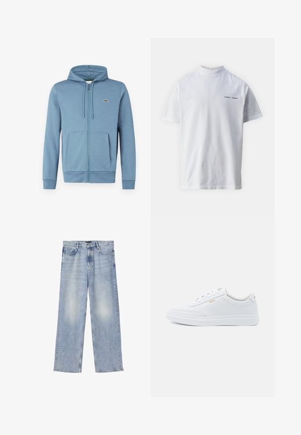 Lyseblå zip-up hoodie lavet af blødt stof. Har en hætte med snore, forlommer og et brandlogo på brystet.; Hvid bomulds t-shirt med høj halsudskæring og korte ærmer. Har "SAMSØE SAMSØE" logo i sort på forsiden. Glat tekstur.; Lyseblå straight-leg denimjeans med fem lommer, bæltestropper og knaplukning.; Hvide lædersneakers med glat tekstur, rund tå og ton-i-ton syning. Har blå snørebånd og et gult logo på siden.