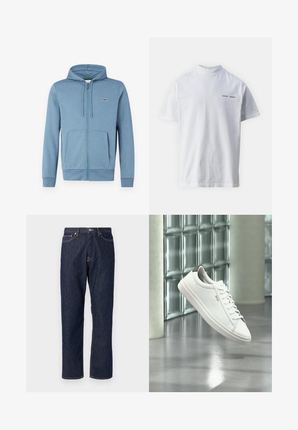 Lyseblå zip-up hoodie lavet af blødt stof. Har en hætte med snore, forlommer og et brandlogo på brystet.; Hvid bomulds t-shirt med høj halsudskæring og korte ærmer. Har "SAMSØE SAMSØE" logo i sort på forsiden. Glat tekstur.; Mørkeblå denim jeans med lige ben-design. Har knappelukning og lynlås, fem lommer og kontraststikningsdetaljer.; Hvid læder lav-top sneaker med snørebånd, sort hælflig og "BOSS"-logo, svævende indendørs nær glasblok væg og poleret gulv.