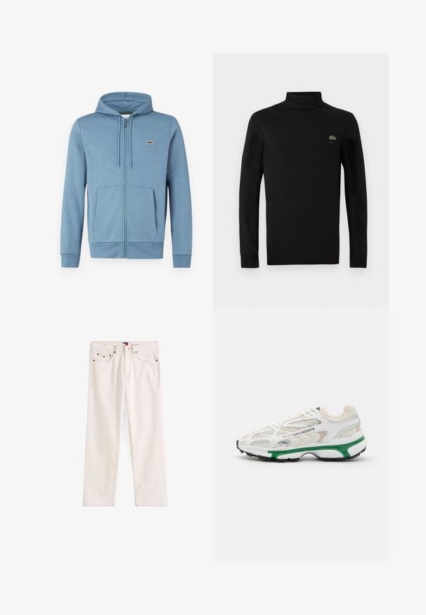 Lyseblå zip-up hoodie lavet af blødt stof. Har en hætte med snore, forlommer og et brandlogo på brystet.; Sort langærmet turtleneck lavet af glat bomuldsstof, med et lille grønt krokodillelogo på venstre bryst.; Beige denim jeans med lige ben, der har en lynlåsgylp, fem lommer og kontrastsy. Logo label på taljebåndet.; Hvide sneakers med grønne accenter og sort gummisål. Har mesh- og syntetiske paneler med en struktureret overflade og synlige sømme.