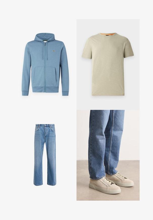 Lyseblå zip-up hoodie lavet af blødt stof. Har en hætte med snore, forlommer og et brandlogo på brystet.; Lys grøn kortærmet t-shirt lavet af tekstureret stof. Har en rund halsudskæring og et lille præget "BOSS" logo på brystet.; Lyseblå denim jeans med lige ben-design, fem lommer, knaplukning, minimal falming og kontraststingdetaljer.; BOSS GARYTENN_SDHDEL - Sneakers - natural ten