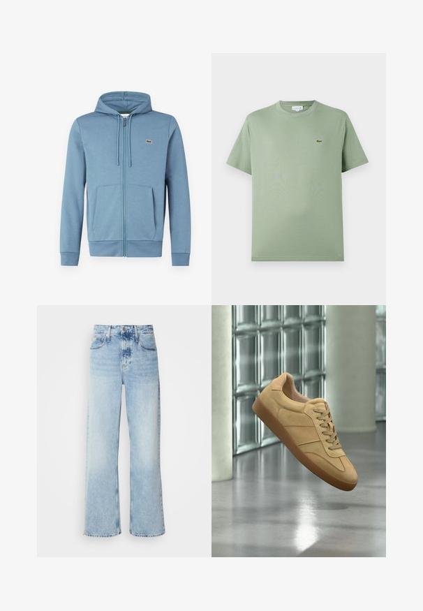 Lichtblauwe rits-hoodie van zachte stof. Voorzien van een trekkoordkap, voorzakken en een logopatch op de borst.; Lichtgroene katoenen T-shirt met een ronde hals, korte mouwen en een klein logo op de linkerkant van de borst. Gladde textuur, standaard pasvorm.; Lichtblauwe wijde jeans met een hoge taille, met een vervaagde afwerking, riemlussen en een klassieke vijf-pocketdesign. De zoom is ruig.; Beige suède sneaker met rubberen zool, veterdesign, zwevend binnenshuis op gepolijst betonnen vloer nabij een glasblokmuur.