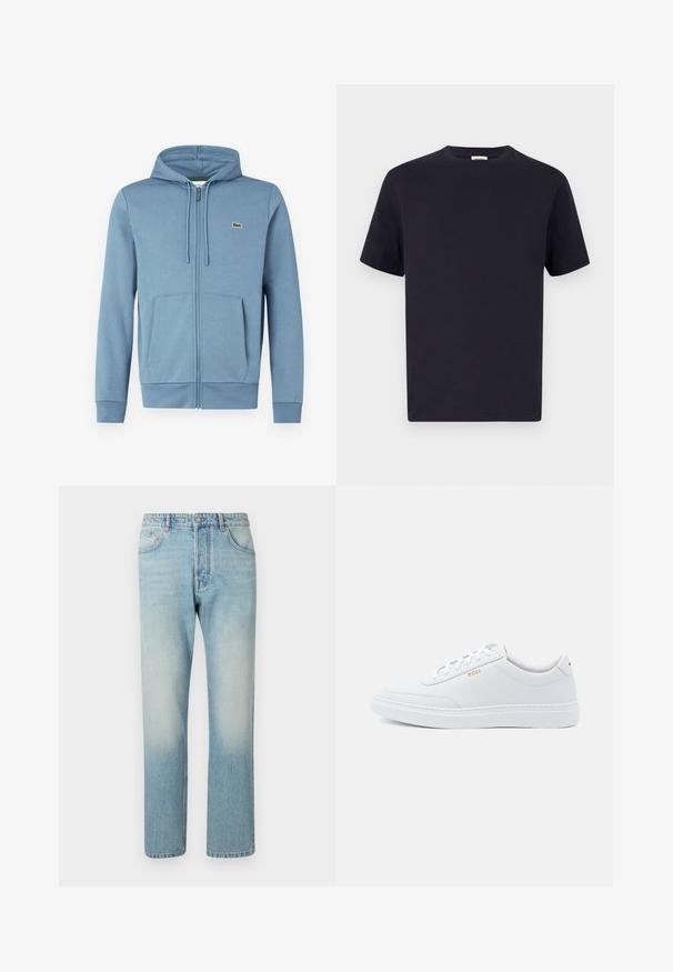 Lyseblå zip-up hoodie lavet af blødt stof. Har en hætte med snore, forlommer og et brandlogo på brystet.; Marineblå bomulds T-shirt med rund halsudskæring, korte ærmer og afslappet pasform; glat tekstur; ingen synlige mønstre eller hardware.; Lyseblå jeans lavet af denim, med et lige ben-design, fem lomme-struktur og falmet vaskeffekt ved lårene.; Hvide lædersneakers med glat tekstur, rund tå og ton-i-ton syning. Har blå snørebånd og et gult logo på siden.