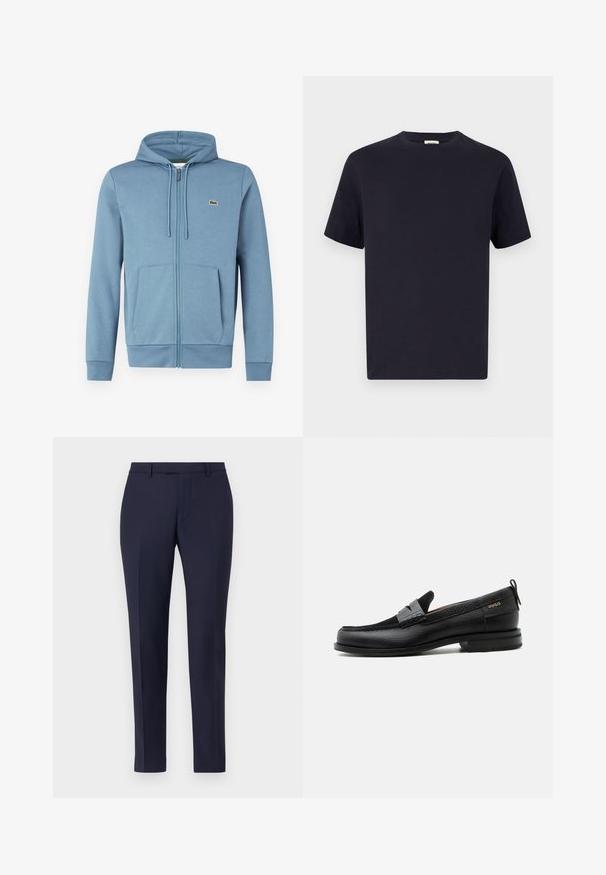 Lyseblå zip-up hoodie lavet af blødt stof. Har en hætte med snore, forlommer og et brandlogo på brystet.; Marineblå bomulds T-shirt med rund halsudskæring, korte ærmer og afslappet pasform; glat tekstur; ingen synlige mønstre eller hardware.; Marineblå skræddersyede bukser med et elegant design, flad front, smalle ben og ingen synlige detaljer eller mønstre. Glat stoftekstur.; Sort læderloafer med grå remdetalje, lav hæl og tekstureret sål, mærket med "HUGO" i guld på siden.