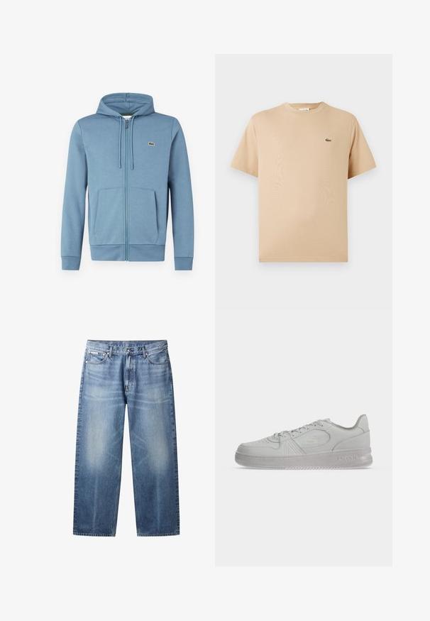 Sudadera con cremallera de color azul claro, hecha de una tela suave. Presenta una capucha con cordón, bolsillos frontales y un logotipo de marca en el pecho.; Camiseta de algodón beige con cuello redondo y mangas cortas; presenta un pequeño logo de cocodrilo verde bordado en el lado izquierdo.; Vaqueros rectos de pierna en azul claro con zonas descoloridas, cinco bolsillos, cierre de botones y etiqueta Calvin Klein en el bolsillo delantero derecho.; Zapatilla blanca de corte bajo Lacoste con cordones, logo en relieve en el lateral y suela texturizada sobre un fondo liso.