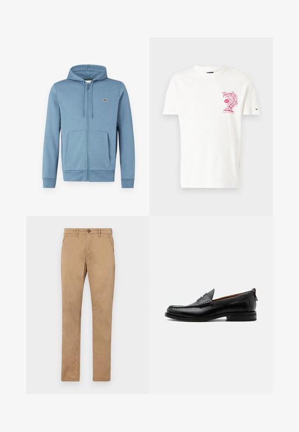 Lyseblå zip-up hoodie lavet af blødt stof. Har en hætte med snore, forlommer og et brandlogo på brystet.; Hvid bomulds t-shirt med et pink grafikdesign af en hotdog på venstre bryst. Rund hals og korte ærmer.; Tan, lige ben chinos lavet af bomuld. Har en frontknap, lynlås og sidelommer med en glat struktur og uden synlige mønstre.; Sort læder herre loafer med moc-tå syning, penny strop, struktureret krave og lav stablet hæl på hvid baggrund.