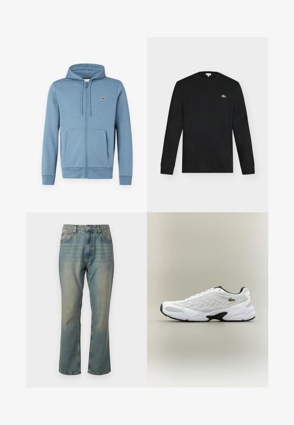 Lichtblauwe rits-hoodie van zachte stof. Voorzien van een trekkoordkap, voorzakken en een logopatch op de borst.; Zwart shirt met lange mouwen en ronde hals met klein groen krokodillogo op de linkerborst, afgebeeld tegen een effen lichte achtergrond.; Vervaagde blauwe denim jeans met een rechte pijp, vijf zakken en een knoopsluiting. Heeft subtiele details met een lichtere wassing.; Witte sportieve schoen met een textuur van gaas bovenwerk, gebogen ontwerp en contrasterende zwarte zool. Heeft een groen geborduurd logo aan de zijkant.