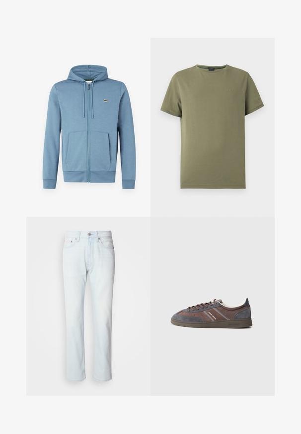 Lyseblå zip-up hoodie lavet af blødt stof. Har en hætte med snore, forlommer og et brandlogo på brystet.; Olivengrøn bomulds-T-shirt med rund hals, korte ærmer og diskret "BOSS" logo broderet på brystet. Glat tekstur.; Lyseblå denimjeans med lige ben. Har en knaplukning og bæltestropper, viser en falmet tekstur og minimal syning.; Lavt snøresneaker i brun og grå ruskind med "Tommy Jeans"-branding på siden og sålen, mod en lysegrå baggrund.