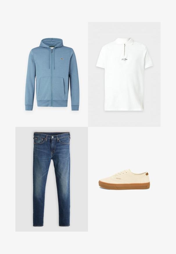 Lyseblå zip-up hoodie lavet af blødt stof. Har en hætte med snore, forlommer og et brandlogo på brystet.; Hvid polo shirt med korte ærmer, lynlåslukning ved kraven og lille sort "St Martin London" tekstlogo midt på brystet.; Mørkeblå denimjeans, slim fit, med knapgylp, fem lommer og let falmning på lårene. Kontrastsyninger over det hele.; Lavtop beige lærredsneakers med lys brun gummisål, snørebånd foran, side-logo-tag og trække-flig ved hælen.