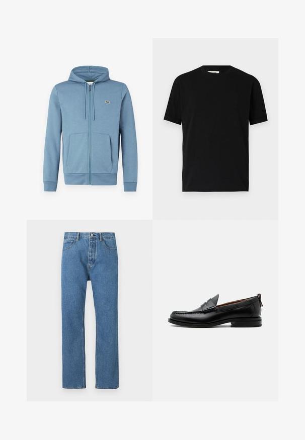 Lyseblå zip-up hoodie lavet af blødt stof. Har en hætte med snore, forlommer og et brandlogo på brystet.; Sort kortærmet t-shirt lavet af bomuld med rund halsudskæring og løs pasform. Glat tekstur, ingen mønstre eller synlige logoer.; Lyseblå denimjeans med lige snit, fem lommer, knaplukning og subtile syningsdetaljer langs sømmene.; Sort læder herre loafer med moc-tå syning, penny strop, struktureret krave og lav stablet hæl på hvid baggrund.
