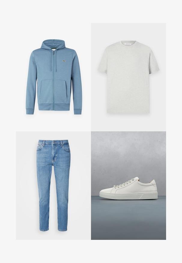 Sudadera con cremallera de color azul claro, hecha de una tela suave. Presenta una capucha con cordón, bolsillos frontales y un logotipo de marca en el pecho.; Camiseta de manga corta gris claro hecha de material suave, con cuello redondo y un corte relajado, sin patrones ni acentos visibles.; Vaqueros de mezclilla azul claro con corte recto, diseño de cinco bolsillos y un sutil desgastado. Presentan un cierre de botón y pasadores para cinturón.; Zapatilla blanca de cuero con punta redondeada, diseño minimalista, cordones grises y suela de goma texturizada gris. Detalles de costura sutiles visibles.