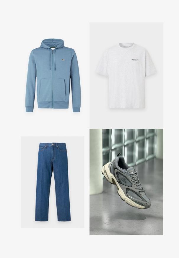 Lyseblå zip-up hoodie lavet af blødt stof. Har en hætte med snore, forlommer og et brandlogo på brystet.; Lysegrå T-shirt med crew neck, korte ærmer og lille sort "Abercrombie & Fitch New York, NY" logo på venstre bryst.; Blå denimjeans med lige ben, fem lommer, bæltestropper og lukning foran med knap og lynlås.; Grå og hvide sneakers med mesh og læderpaneler, svævende over en poleret betongulv nær en væg af glasblokke.