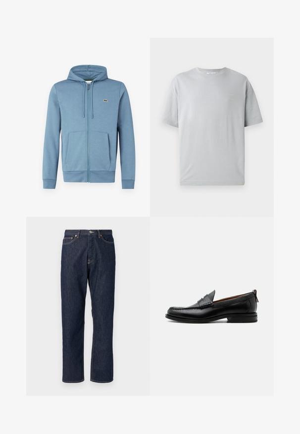 Lyseblå zip-up hoodie lavet af blødt stof. Har en hætte med snore, forlommer og et brandlogo på brystet.; Grå bomulds t-shirt med afslappet pasform, korte ærmer, og en lille gul tekstdetalje på forsiden. Blød tekstur og klassisk rund hals.; Mørkeblå denim jeans med lige ben-design. Har knappelukning og lynlås, fem lommer og kontraststikningsdetaljer.; Sort læder herre loafer med moc-tå syning, penny strop, struktureret krave og lav stablet hæl på hvid baggrund.
